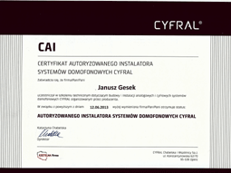 WeberSystems - Certyfikat ukoczenia szkolenia Cyfral - Gesek