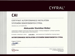 WeberSystems - Certyfikat ukoczenia szkolenia Cyfral - Weber
