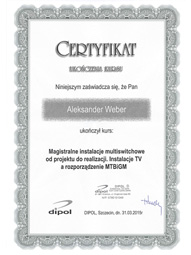 WeberSystems - Certyfikat ukoczenia kursu organizowanego przez Dipol - Weber