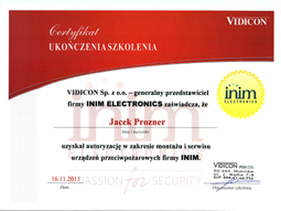WeberSystems - Certyfikat ukoczenia szkolenia INIM ELECTRONICS - Prozner