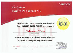 WeberSystems - Certyfikat ukoczenia szkolenia INIM ELECTRONICS - Weber