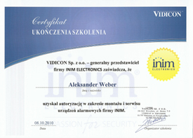 WeberSystems - Certyfikat ukoczenia szkolenia INIM ELECTRONICS - Weber
