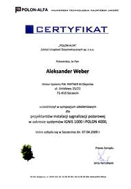 WeberSystems - Certyfikat uczestnictwa w sympozjum szkoleniowym dla projetantw sygnalizacji poarowej