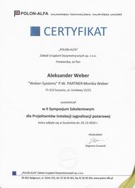 WeberSystems - Certyfikat Polon-Alfa uczestnictwa w sympozjum szkoleniowym dla projektantw