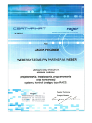 WeberSystems - Certyfikat ukoczenia szkolenia Roger - Prozner