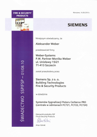 WeberSystems - wiadectwo ukoczenia szkolenia SSP/FSP Siemens Sp. z o.o.