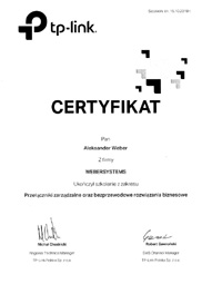 WeberSystems - Certyfikat ukoczenia szkolenia TP-Link - Weber