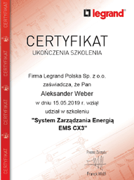 WeberSystems - Dyplom uczestnictwa w szkoleniu Legrand EMS CX3