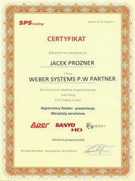 WeberSystems - Certyfikat uczestnictwa w warsztatach serwisowych Aper, Sanyo HD, Raiden