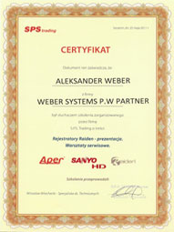 WeberSystems - Certyfikat uczestnictwa w warsztatach serwisowych Aper, Sanyo HD, Raiden - Weber