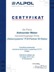 WeberSystems - Certyfikat uczestnictwa w szkoleniu firmy D-max Polska - Weber