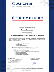 WeberSystems - Certyfikat uczestnictwa w szkoleniu firmy Detectomat GmbH - Prozner