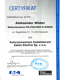 WeberSystems - Certyfikat Autoryzowanego Instalatora EATON
