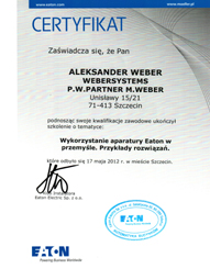 WeberSystems - Certyfikat ukończenia szkolenia EATON