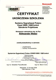 WeberSystems - Certyfikat Esser by Honeywell Life Safety Austria GmbH Sp. z o.o.
