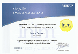 WeberSystems - Certyfikat ukończenia szkolenia INIM ELECTRONICS - Prozner