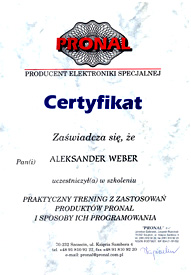 WeberSystems - Certyfikat Pronal