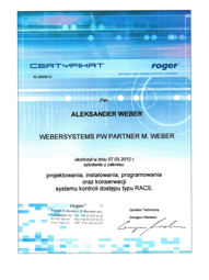WeberSystems - Certyfikat ukończenia szkolenia Roger - Weber