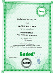 WeberSystems - Certyfikat uczestnictwa w szkoleniu firmy Satel - Prozner